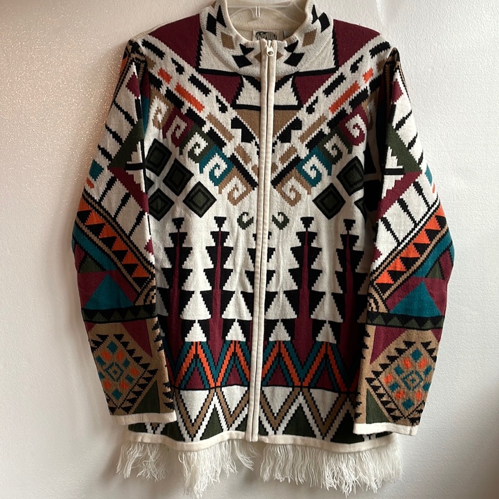 Collections colorful Aztec print zip front mock neck cardigan sweater medium